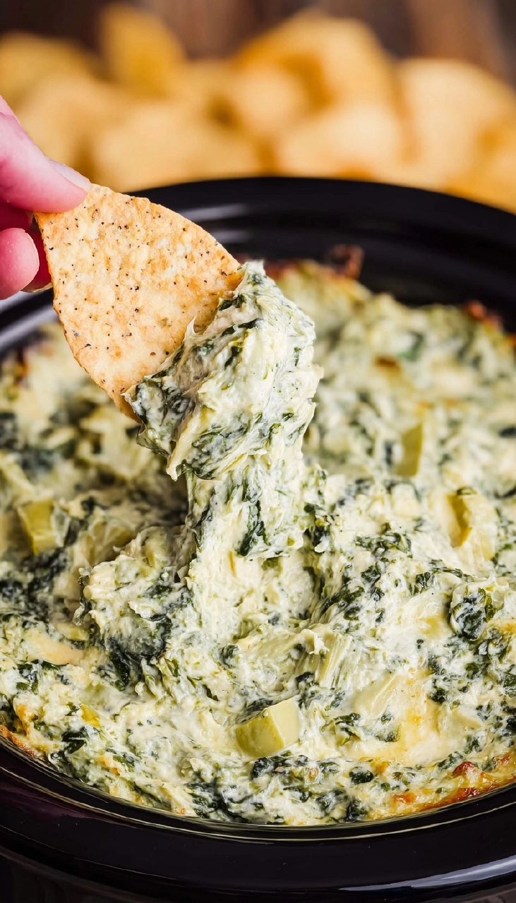 Cheesy Slow Cooker Spinach Artichoke Dip
