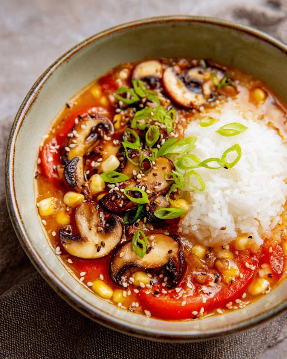 Tomato Miso Soup with Garlic Sesame Mushrooms