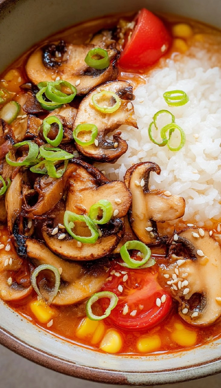 Tomato Miso Soup with Garlic Sesame Mushrooms